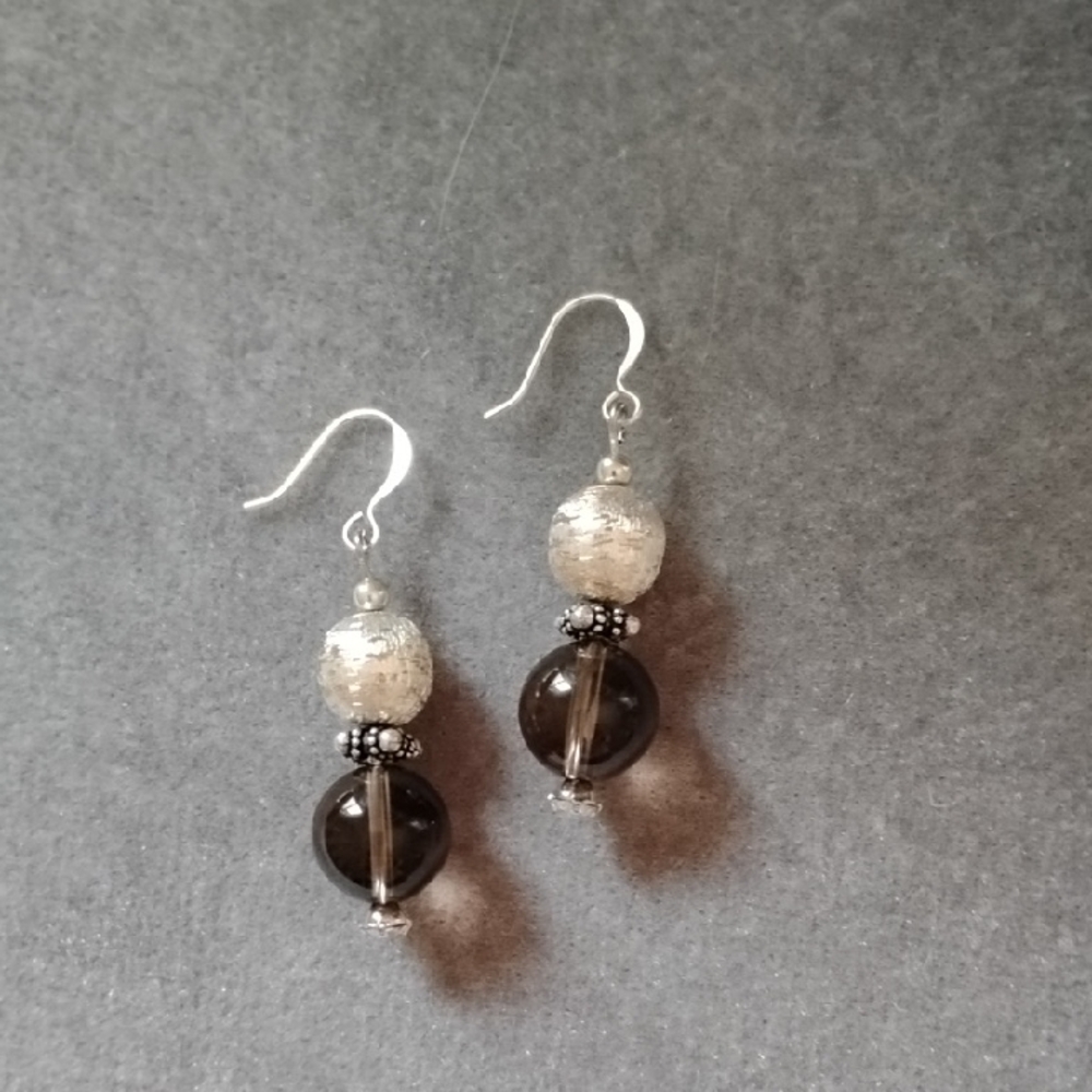 HAND CRAFTED SMOKEY QUARTZ AND SILVER BEADS WITH CRYSTAL